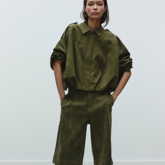 Zara Faux Suede Bomber Jacket in Green - Picture 2 of 7